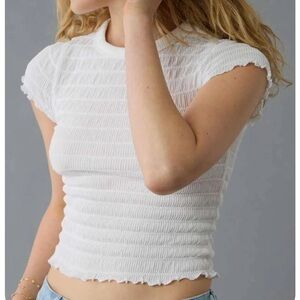 American Eagle Outfitters White Smocked Short-Sleeve Tee